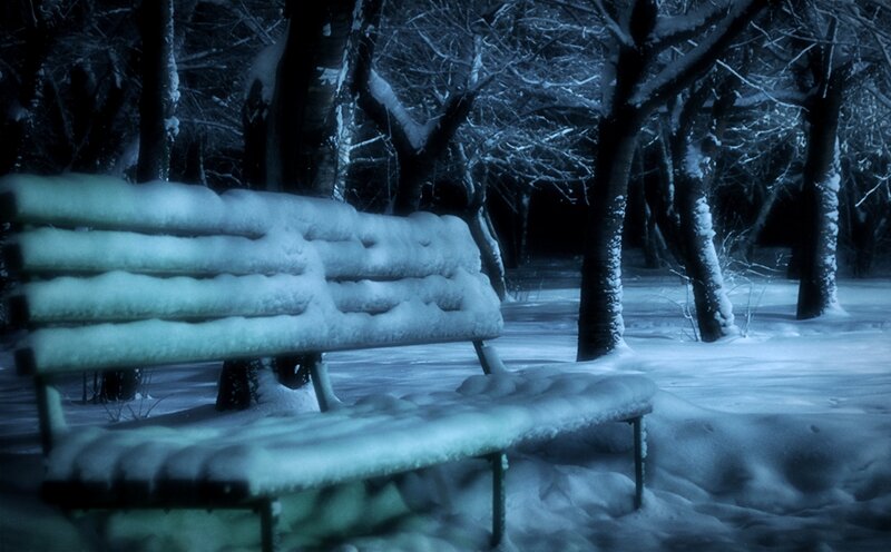 Snow-covered Bench — Blue, Cold, Night
