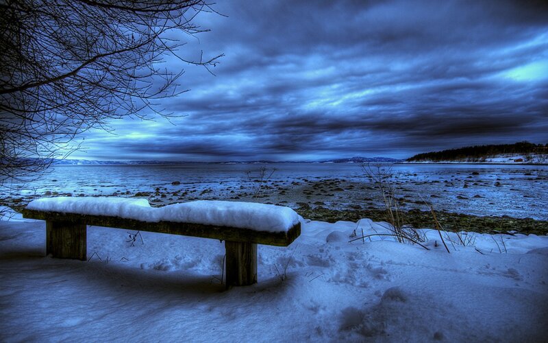 Snow-covered Bench — Blue, Dramatic, Winter