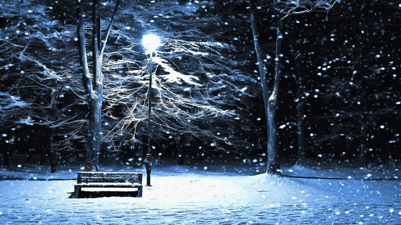 Snow-covered Bench — Blue, Serene, Night, Digital Art