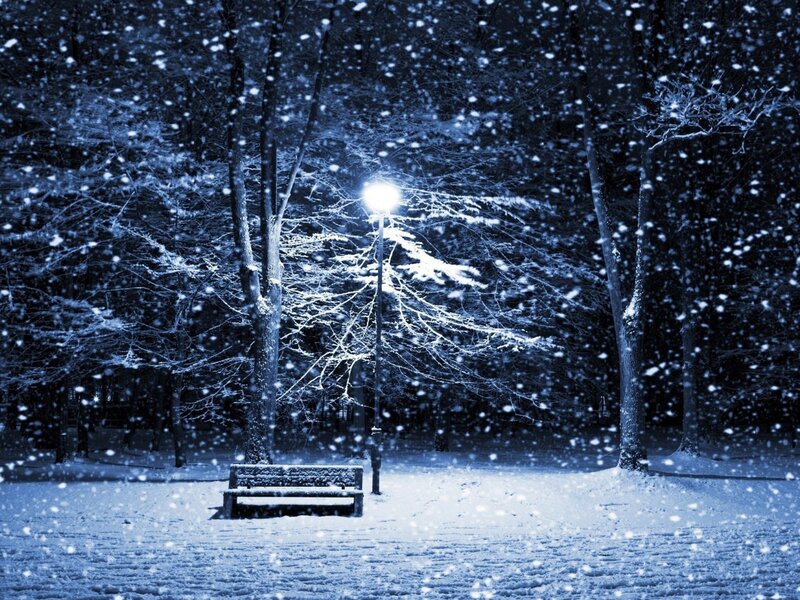 Snow-covered Bench — Blue, Serene, Night, Photograph, Street Lamp
