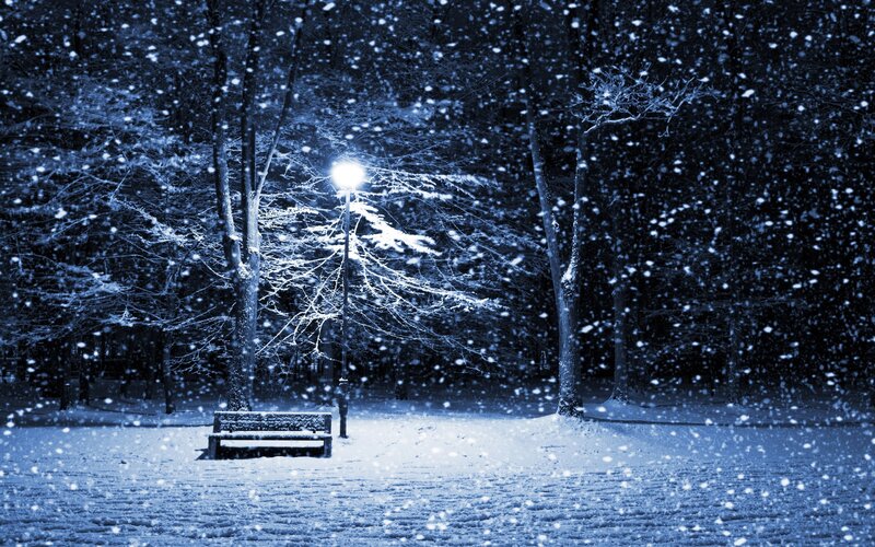 Snow-covered Bench — Blue, Serene, Night, Photograph