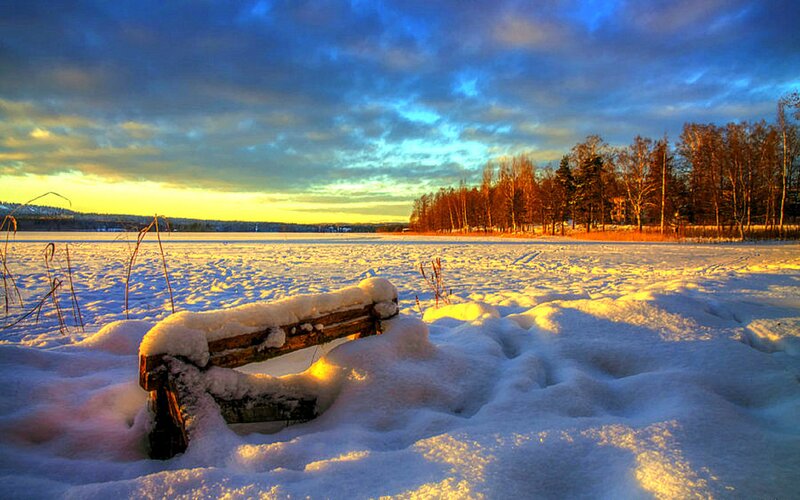 Snow-covered Bench — Blue, Serene, Sunset
