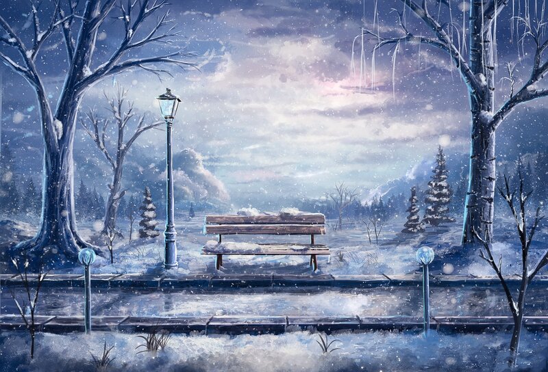 Snow-covered Bench — Blue, Serene, Winter, Digital Art, Lamppost