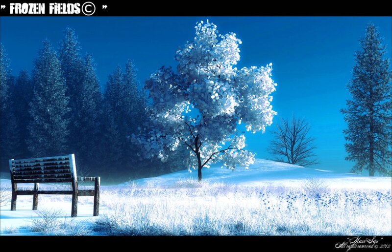Snow-covered Bench — Blue, Serene, Winter, Digital Art
