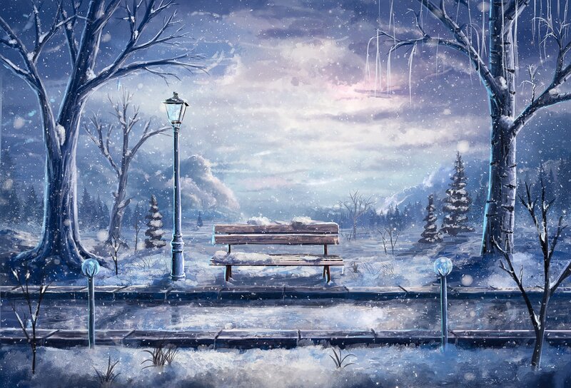 Snow-covered Bench — Blue, Serene, Winter, Digital Art, Trees