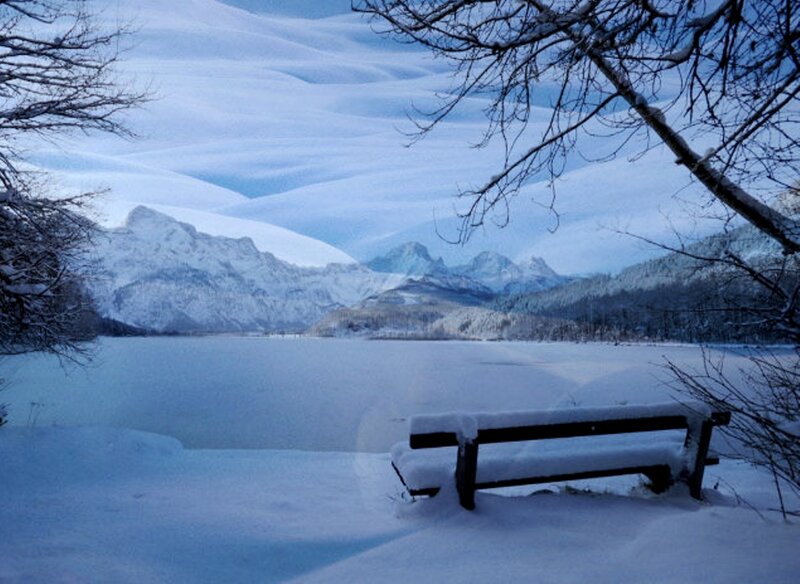 Snow-covered Bench — Blue, Serene, Winter, Photograph, Mountains