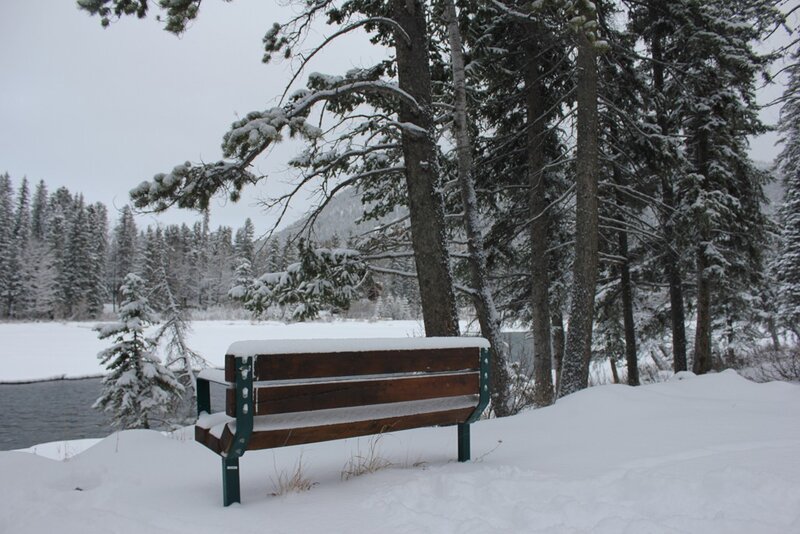 Snow-covered bench by river