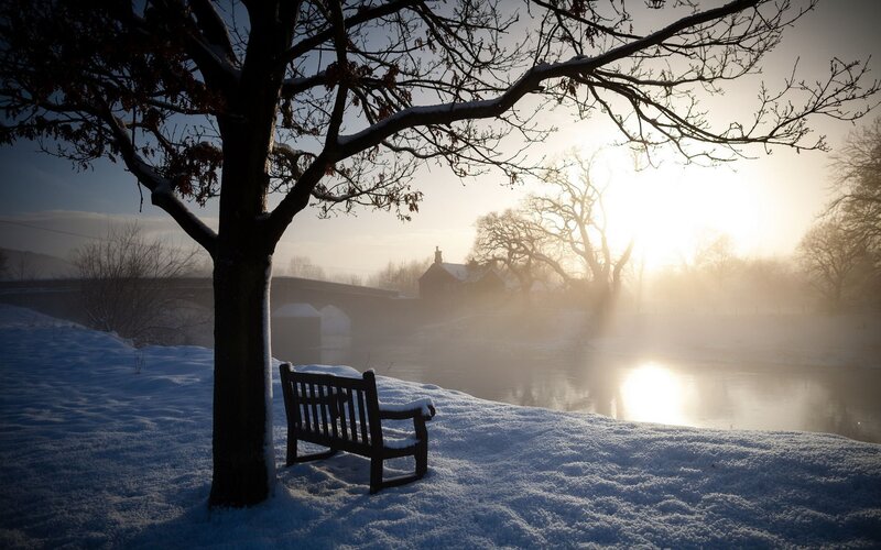Snow-covered Bench by River — White, Serene