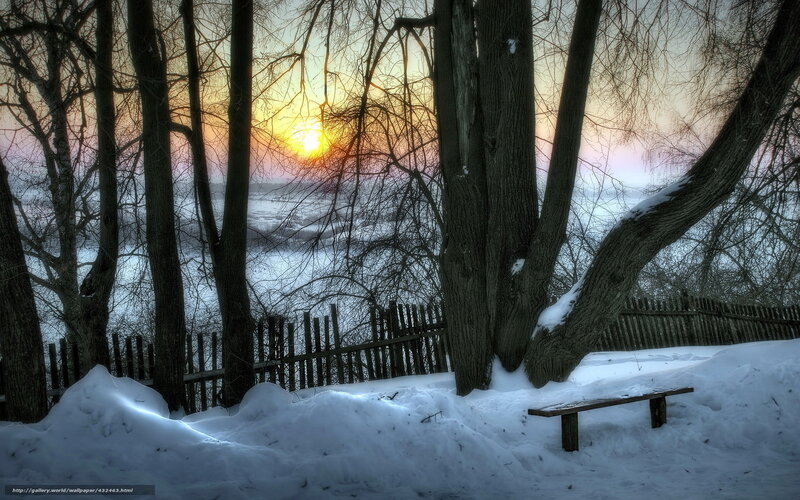 Snow-covered Bench by River — White, Serene, Winter, Photograph