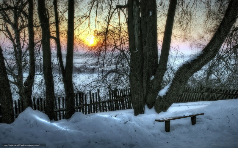 Snow-covered Bench by River — White, Serene, Winter