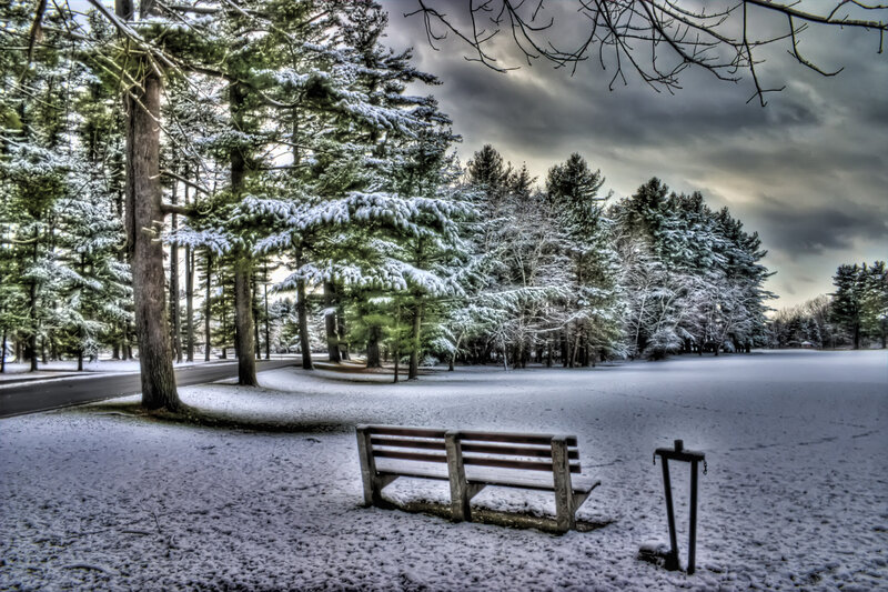 Snow-covered Bench in Park — White, Dramatic