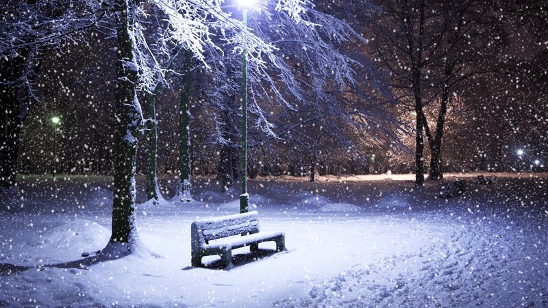 Snow-covered Bench in Park — White, Serene, Night