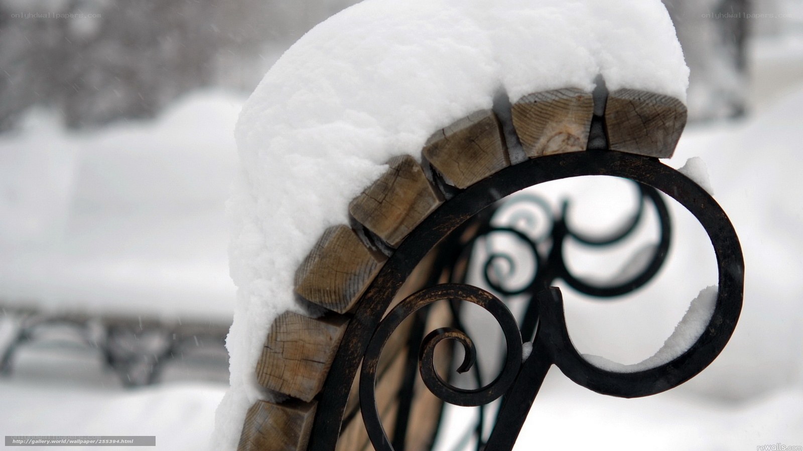 Snow-covered bench in winter