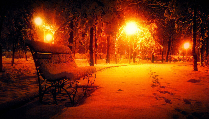 Snow-covered Bench — Orange, Serene