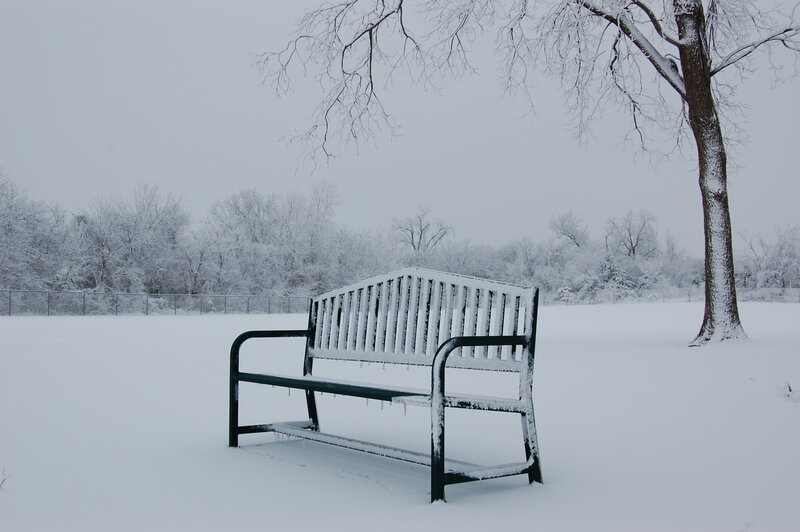 Snow-covered Bench — White, Quiet, Winter, Photograph