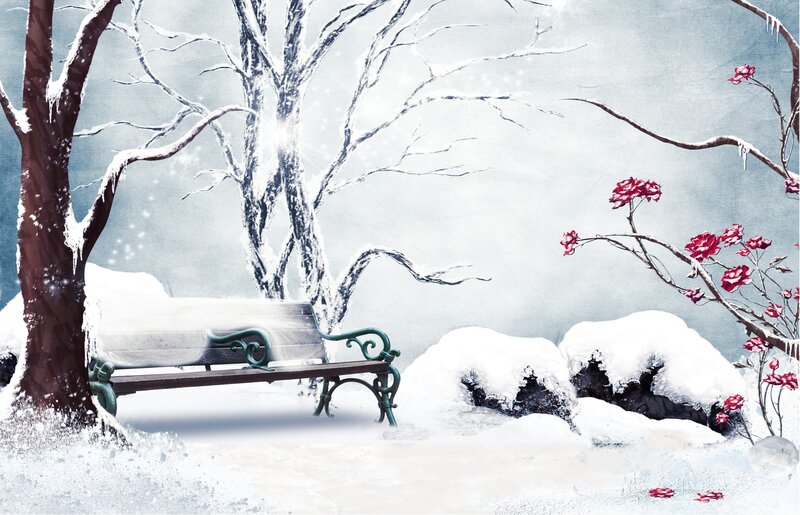 Snow-covered Bench — White, Serene, Winter, Digital Art