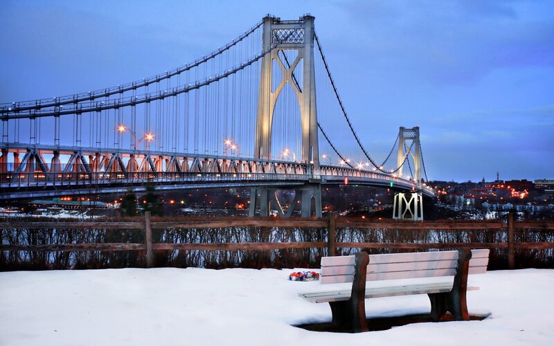 Snow-covered Bench — White, Serene, Winter, Photograph, Bridge