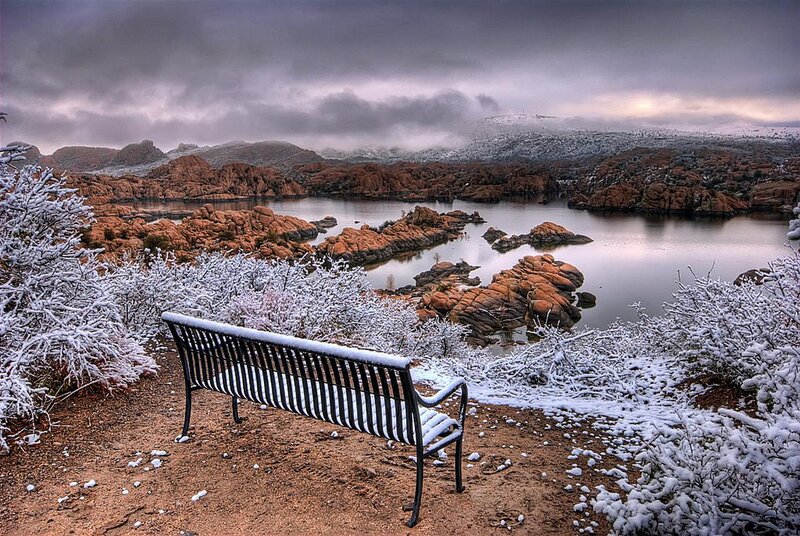 Snow-covered Bench — White, Serene, Winter, Photograph, Lake