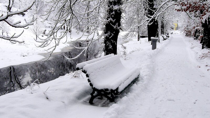 Snow-covered Bench — White, Serene, Winter, Photograph, River
