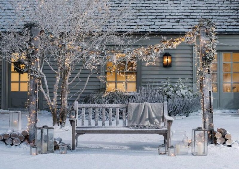 Snow-covered Bench — White, Serene, Winter, Photograph, String Lights
