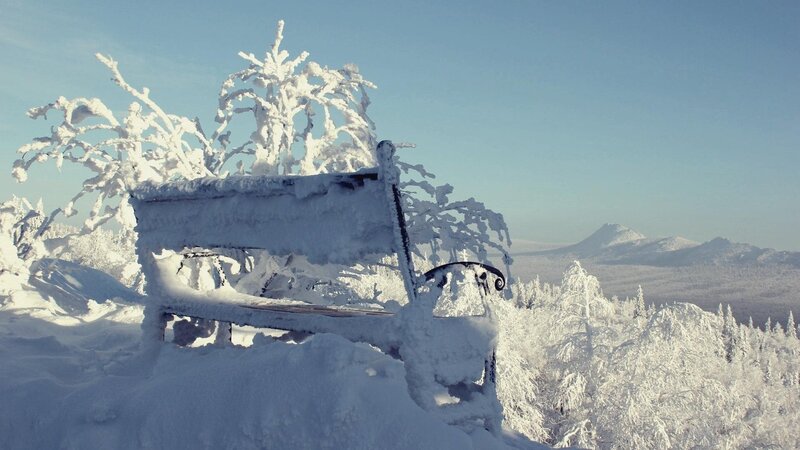 Snow-covered Bench — White, Serene, Winter, Photograph, Trees, Mountains