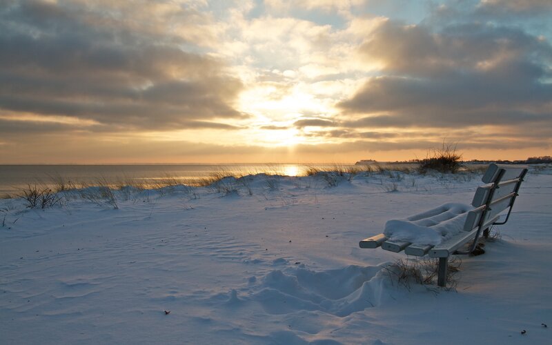 Snow-covered Bench — White, Serene, Winter