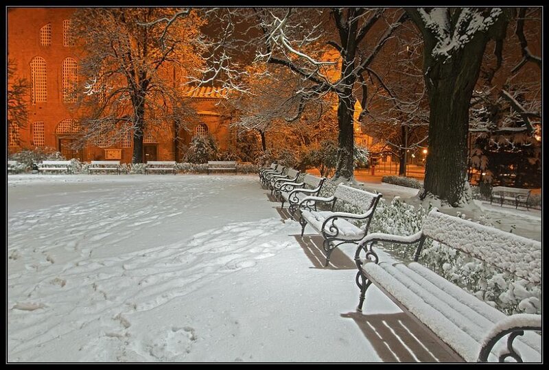 Snow-covered Benches