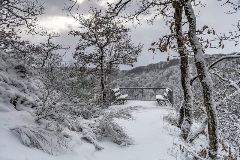 Snow-covered Benches — White, Serene, Winter, Photograph