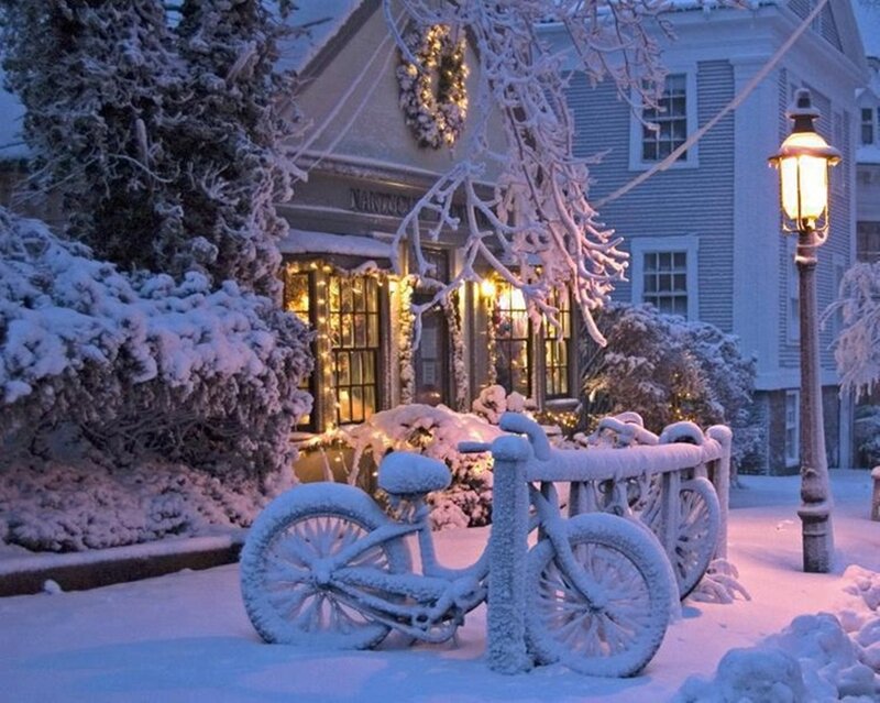 Snow-covered Bicycle — White, Serene