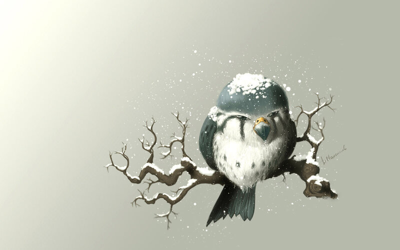 Snow-covered Bird on Branch