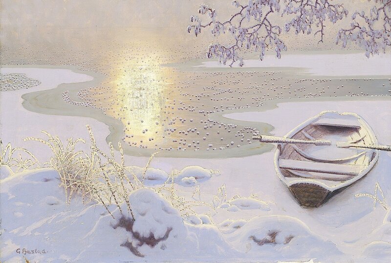 Snow-covered Boat on River