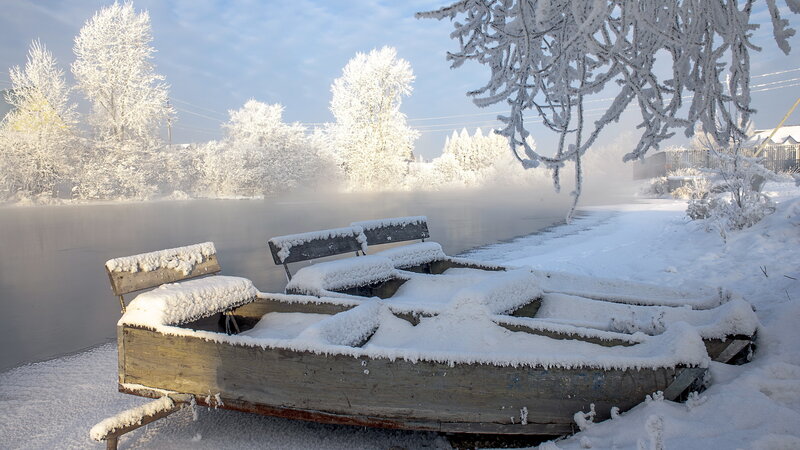 Snow-covered Boat on River — White