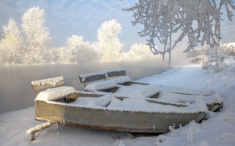 Snow-covered Boat on Riverbank — White