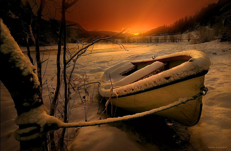Snow-covered Boat on Shore — Orange