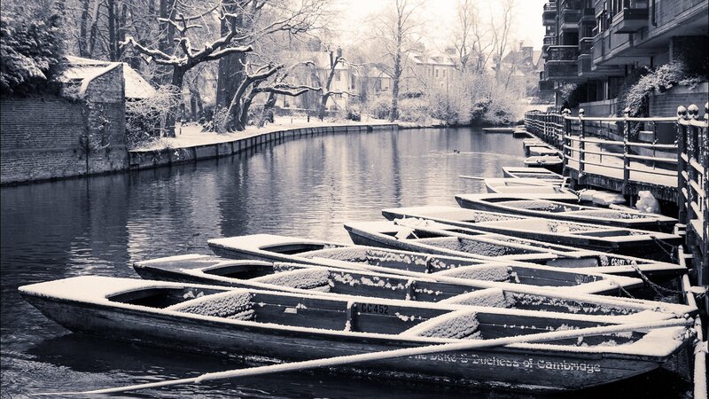 Snow-covered Boats on Canal