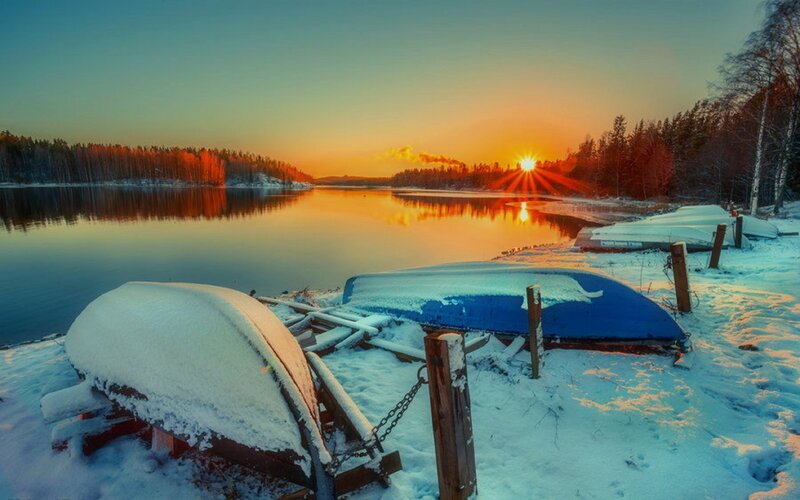 Snow-covered Boats on Shore — Blue