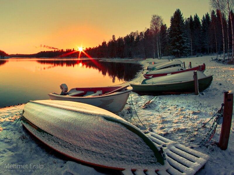 Snow-covered Boats on Shore — Orange