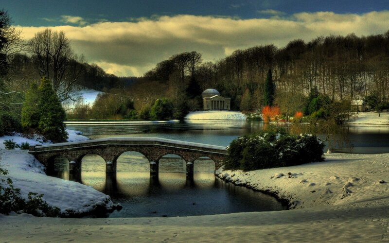 Snow-covered Bridge and Lake