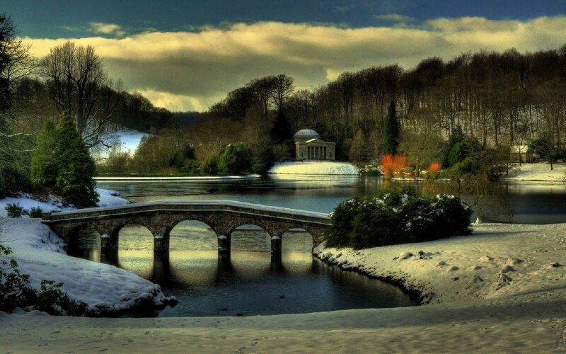 Snow-covered Bridge and Temple