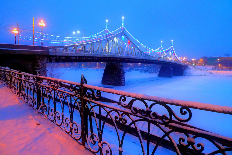 Snow-covered Bridge at Night — Blue, Cold
