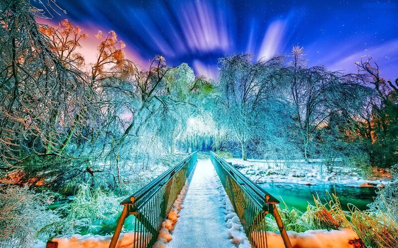 Snow-covered Bridge at Night — Blue, Dramatic