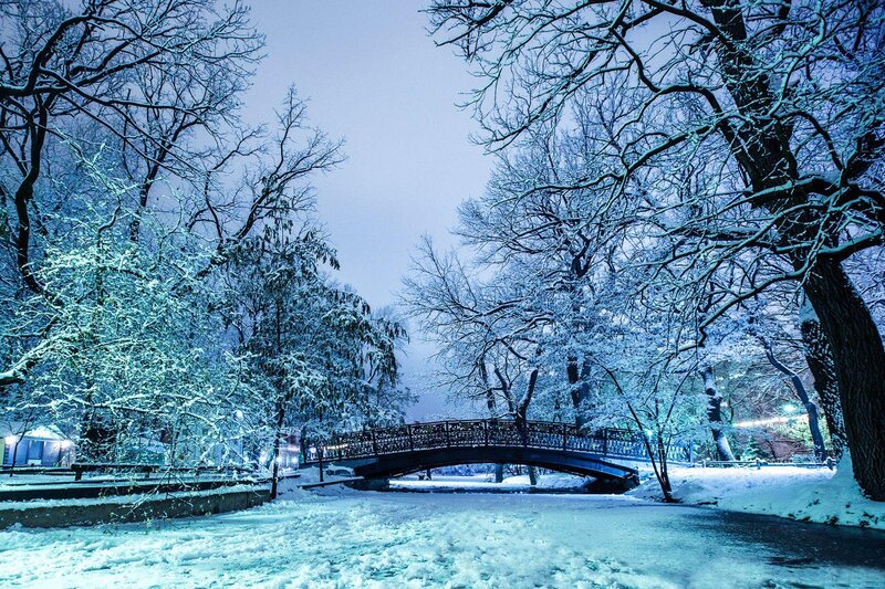 Snow-covered Bridge at Night — Blue, Serene, Photograph