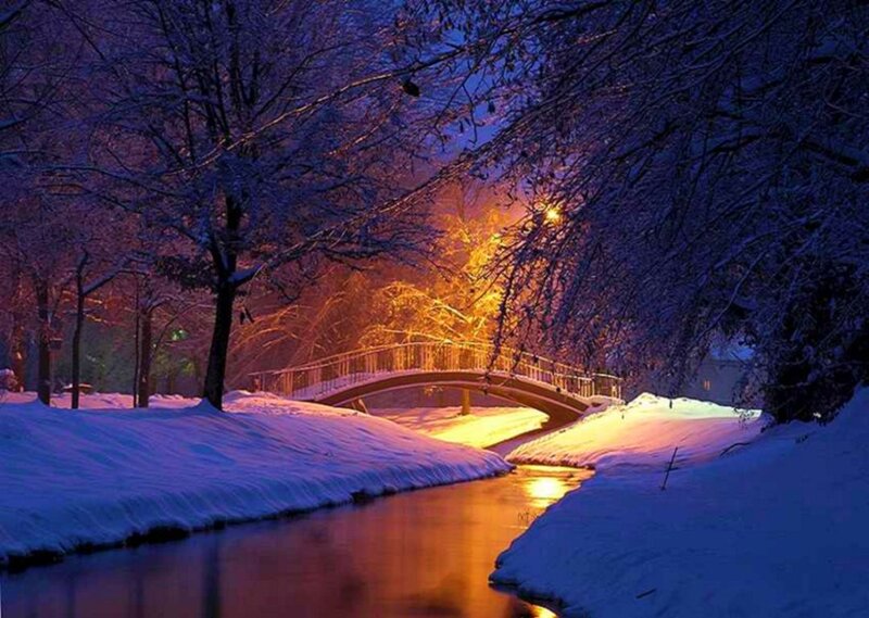 Snow-covered Bridge at Night — Blue, Serene