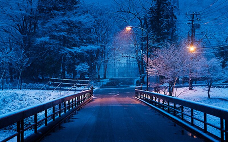 Snow-covered Bridge at Night — Blue
