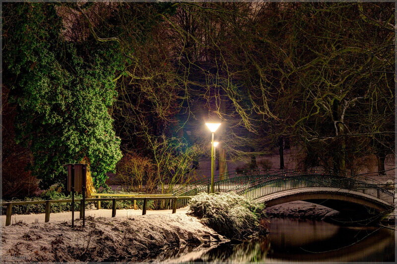 Snow-covered Bridge at Night — Green