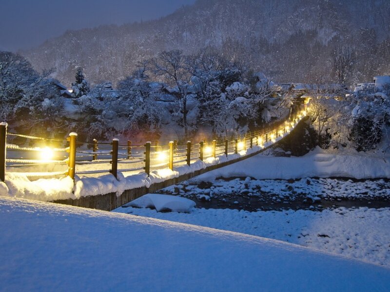Snow-covered Bridge at Night — White, Serene, Photograph, River