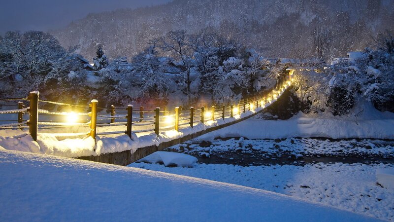 Snow-covered Bridge at Night — White, Serene