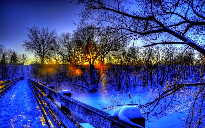 Snow-covered Bridge at Sunset — Blue, Dramatic, Photograph