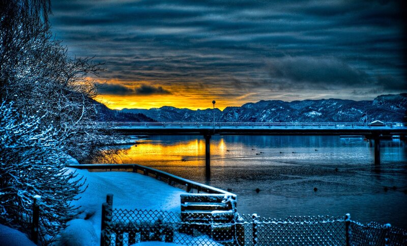 Snow-covered Bridge at Sunset — Blue, Dramatic