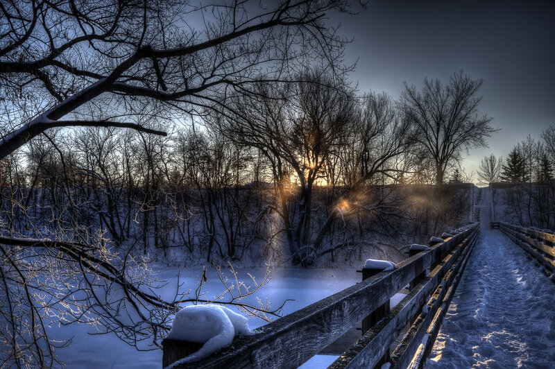 Snow-covered Bridge at Sunset — Blue, Dramatic, Winter